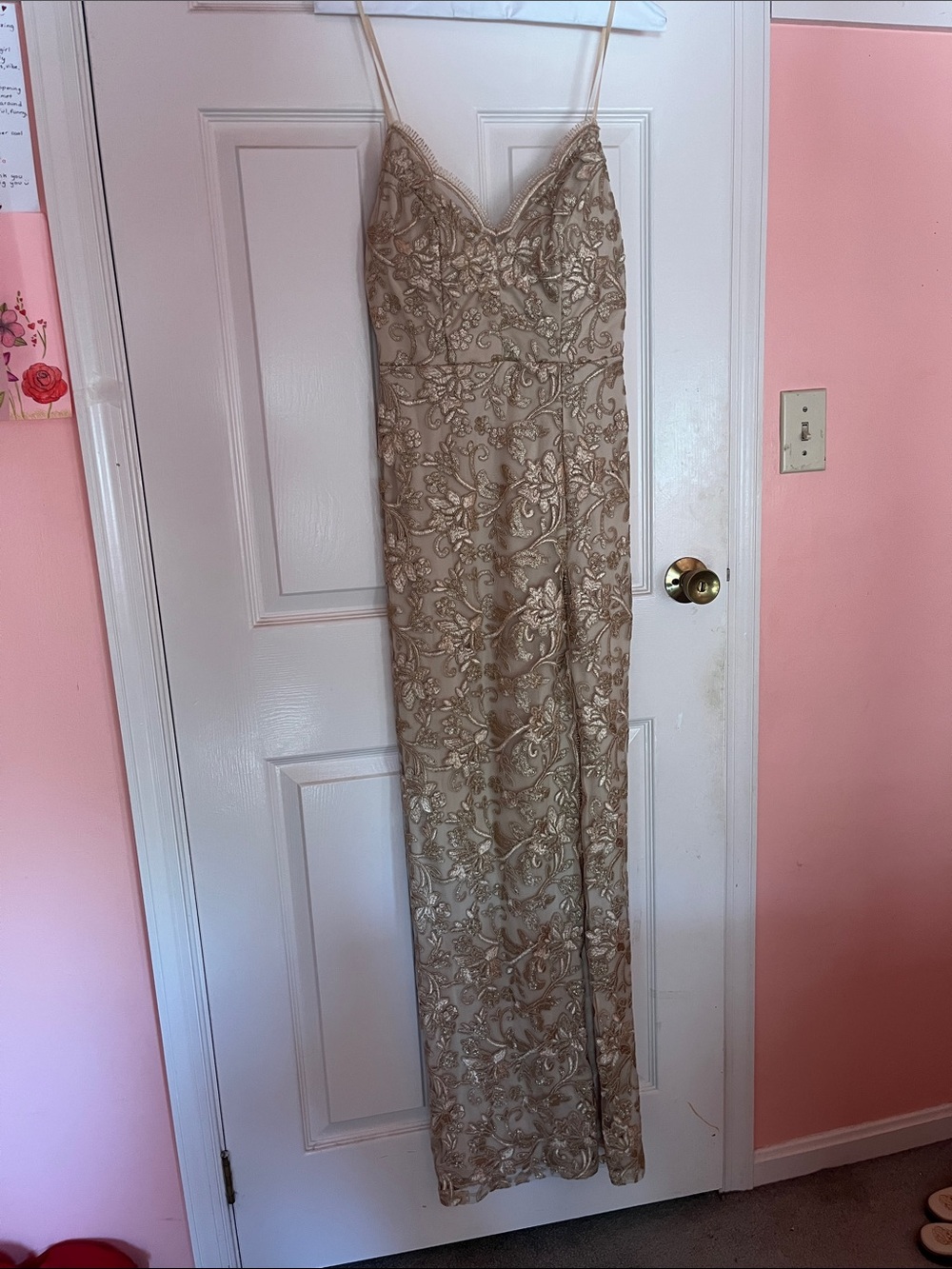 Emerald Sundae Gold Beaded Spaghetti Strap Prom Dress